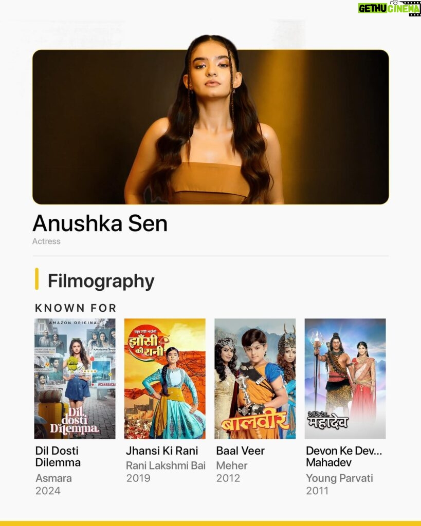 Anushka Sen Instagram - If @anushkasen0408’s performance in Dil Dosti Dilemma has wowed you, prepare for more such rollercoaster rides of emotions with our ‘Known For’ 🍿💛 Which is your favourite character played by her? 🎬: Dil Dosti Dilemma | Prime Video Jhansi Ki Rani | Jio Cinema Baal Veer | Sony LIV Devon Ke Dev... Mahadev | Disney Hotstar