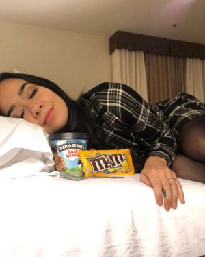 April Jeanette Mendez Instagram - This is how I recharge my mental health after a speech. I’m an extroverted introvert, so I fricken love meeting new people and fans, learning about their stories and perspectives, and speaking in front of large crowds. It makes me so happy. But then my battery gets zapped and I need to recharge in a comforting cocoon of chocolate, carbs, and alone time. I used to be an introverted introvert who couldn’t make eye contact with strangers so this is huge progress for me. Thank you for a special day @namimaine and every beautiful fan who gave me your time and effort. There’s a lot of ways you can spend your Saturday, but you chose to learn about mental health and support a non profit that is saving lives. That makes you a mental health champion. Thanks for joining me on this mission, traveling from all over the country, and taking the time to write letters. I appreciate you! I also appreciate Ben and Jerry.