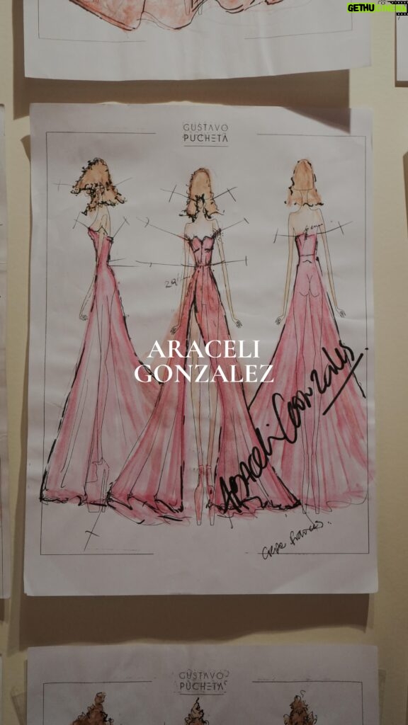 Araceli González Instagram - Araceli González por Atelier Pucheta eligió a la firma para destacarse en un gran vestido de corte evasé con corsetería clásica de cortes geométricos que define su figura y contrasta con un color un pleno colorado en Memori totalmente percalinado y forrado en seda con una falda más de 6 metros de arrastre aportando total dramatismo.