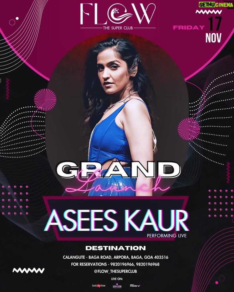 Asees Kaur Instagram - GOA !!!! Catch me performing live at @flow_thesuperclub on 17th November. For tickets and reservation 📞 9820196968/ 9820196966 See you all there !! Let’s partyyyyy 🎉🎉 #aseeskaur #live #gig #Goa