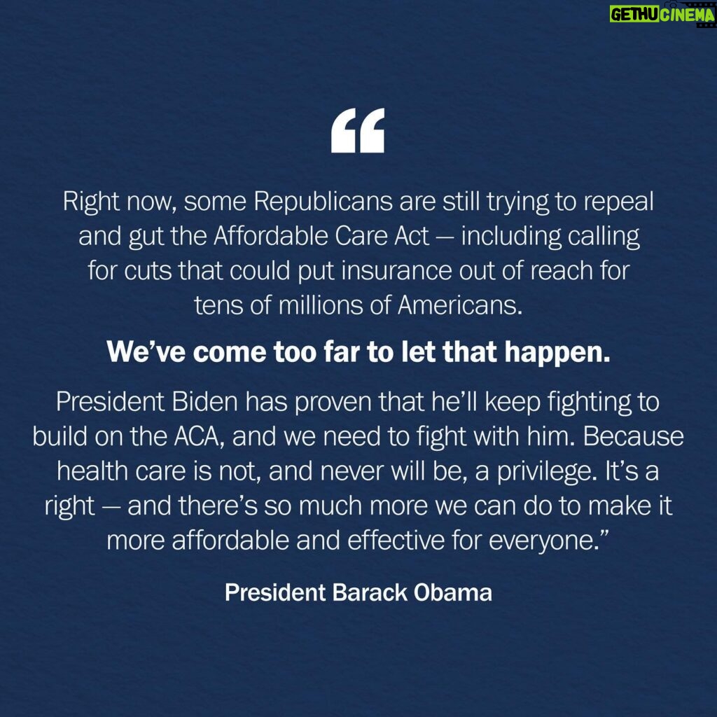 Barack Obama Instagram - Fourteen years ago today, I signed the Affordable Care Act into law.   Afterwards, one Republican member of the House called the ACA the “most dangerous piece of legislation ever passed in Congress.” Another predicted the country would “never recover from it.” But then something else happened: it actually worked.   Since the ACA was passed, the percentage of uninsured Americans has been cut in half. And thanks to the investments the Biden-Harris Administration has made to build on the ACA, more than 21 million Americans now have access to quality, affordable health care.   Today, young people are staying on their parents’ plans until they’re 26. Americans with pre-existing conditions are no longer being denied coverage. Seniors and people with disabilities are paying less for prescription drugs. And Americans everywhere are switching jobs and starting their own businesses without worrying about losing their insurance.   In so many ways, the Affordable Care Act has become part of our lives, changing the way we think about health insurance. But that doesn’t mean we can take it for granted.   Right now, some Republicans are still trying to repeal and gut the ACA — including calling for cuts that could put insurance out of reach for tens of millions of Americans.   We’ve come too far to let that happen. President Biden has proven that he’ll keep fighting to build on the ACA, and we need to fight with him. Because health care is not, and never will be, a privilege. It’s a right — and there’s so much more we can do to make it more affordable and effective for everyone.