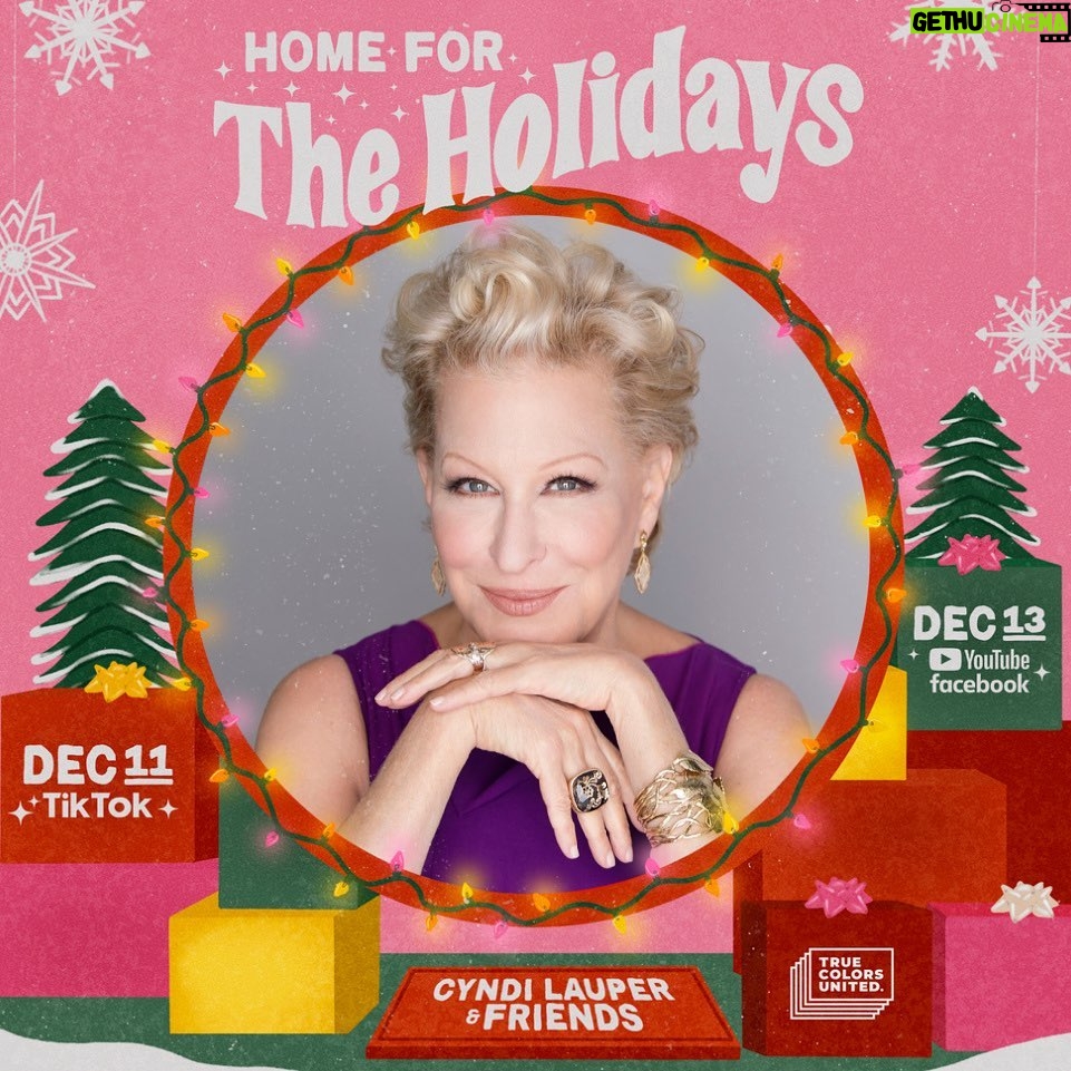 Bette Midler Instagram - I'm so excited to share that I’ll be joining my dear friend @cyndilauper for her annual Home for the Holidays concert benefitting @truecolorsunited - Dec 11 & 13. Do not miss this wonderful event supporting a very important cause! #HFTH2020
