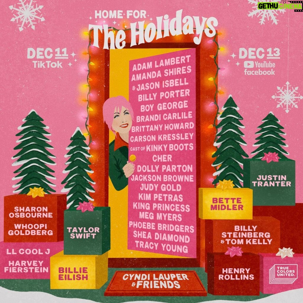 Bette Midler Instagram - I'm so excited to share that I’ll be joining my dear friend @cyndilauper for her annual Home for the Holidays concert benefitting @truecolorsunited - Dec 11 & 13. Do not miss this wonderful event supporting a very important cause! #HFTH2020