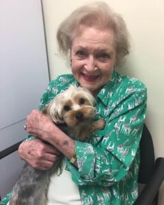 Betty White Instagram - It’s a rainy Monday in LA so here’s a sunny smile to brighten the day :). Any time we went to appointments or meetings, we tried to have a dog or cat available for Betty to love on.