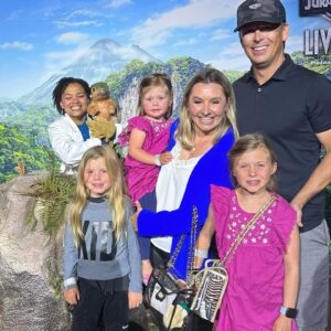 Beverley Mitchell Instagram - Went and checked out some dinosaurs! These kiddos are obsessed with dinosaurs! @jurassicworldlivetour was pretty cool!  And rocking some of our favorite brands @skiesareblueclothing @cutsclothing @sheergearhandbags @shopkiwiandpark @joahlove @spanx @melin @zahava_heirlooms