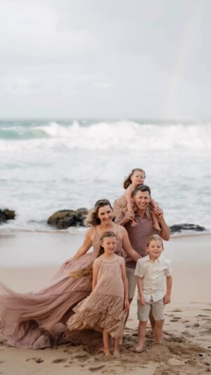 Beverley Mitchell Instagram - I’m not lucky I’m blessed! My world is so much brighter because of them! Thankful Grateful and Loved!!!! Wishing you all a magical Thanksgiving where we reflect on our blessings and the people who make our world brighter! Sending out love to you ❤️! #thanksgiving #thankful amazing 📸 by Lauren for @flytographer rocking our @joyfolie dresses Hutton is in @shop_noralee  and Michael in @cuts #thankful #notluckybutblessed