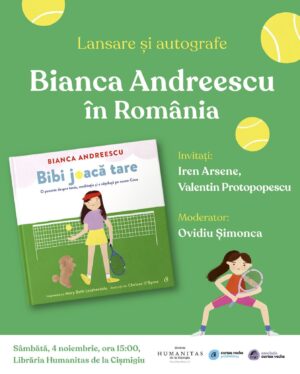 Bianca Andreescu Instagram - I-a smuls Serenei Williams titlul de la US Open, a devenit adolescenta-campioană și a ajuns numărul #4 mondial. Vrei să faci cunoștință cu ea? 🎾 Jucătoarea de tenis româno-canadiană @biancaandreescu_ vine în România să își lanseze cartea pentru copii „Bibi joacă tare”. Hai să o întâlnești și să iei un autograf! 

🗓️ Sâmbătă — 4.11.2023, 15:00
📍 Librăria Humanitas, Cișmigiu