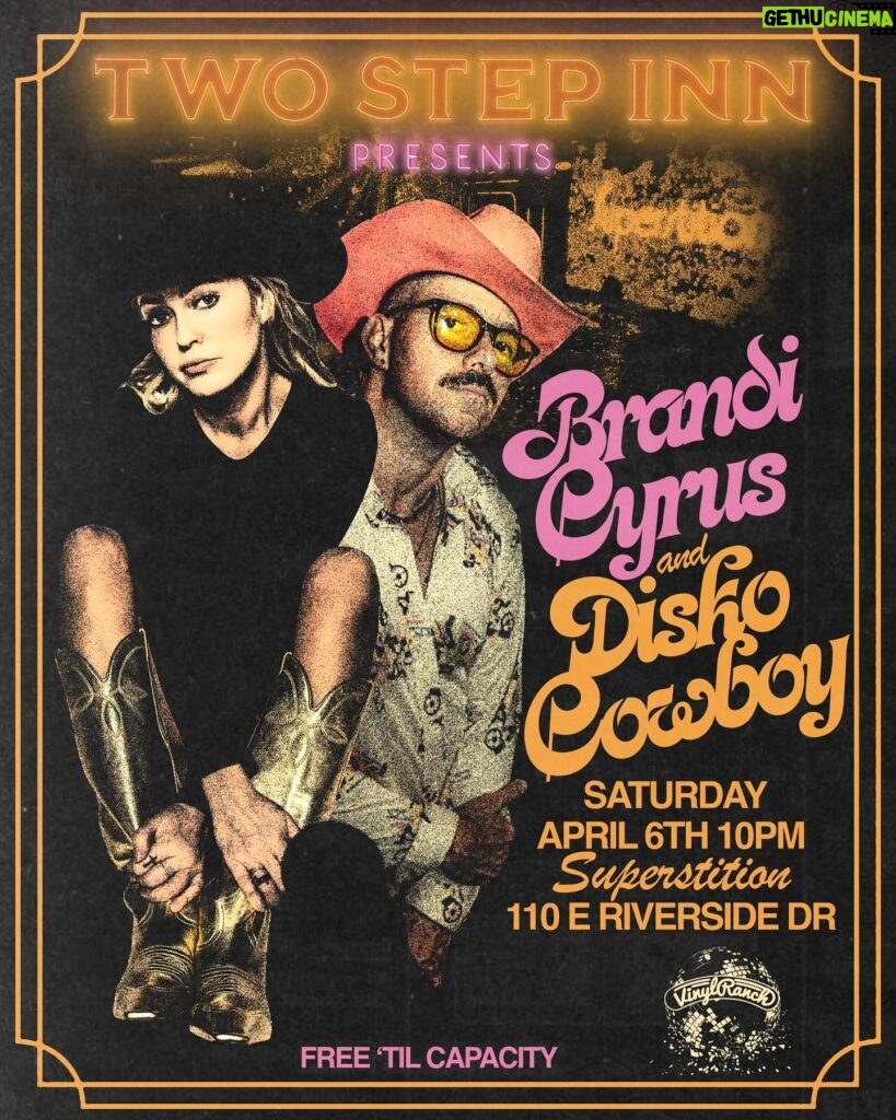 Brandi Cyrus Instagram - AUSTIN, TX! It’s been a minute but I can’t wait to dance with y’all on April 6th 🪩🤠 @twostepinn @superstitionatx