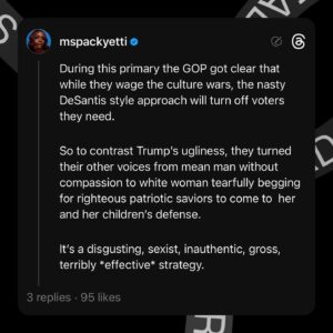 Brittany Packnett Instagram - Katie Britt is going to be parodied on #SNL and that’ll only make her audience love her more. She bugged *me* cause she was lying thru her teeth and sounded like Chelsea crying to Jimmy but I’m not her intended audience.

The “traditional wives” they want to organize are a direct response to DeSantis’ fails and the pro-abortion women’s wave. 

The GOP messaging strategy has shifted and it’s scary.  And I hope we’re paying attention. Don’t be fooled. #SOTU #SOTUResponse