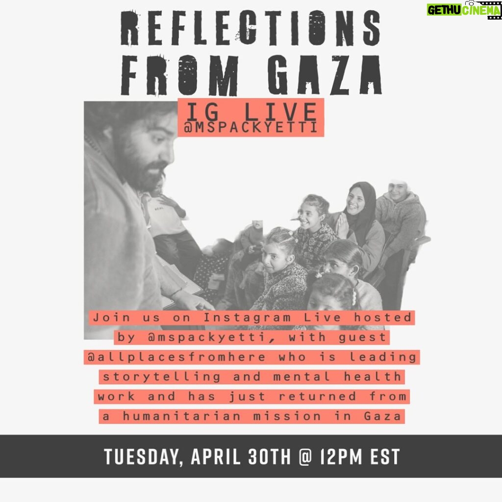 Brittany Packnett Instagram - #iglive Reflections from G@z@. The act of communication and storytelling can be medicine, and communication and community are interdependent. In these fragmented and heartbreaking times, it’s important to reconnect communication and storytelling as pillars of health and human rights. Join us on Instagram Live THIS TUESDAY 12pm EST hosted by @mspackyetti , with guest @allplacesfromhere (founder of @meweinternational )who is leading #storytelling and #mentalhealth work and who has just returned from a volunteer humanitarian health mission in G@z@. Over a million Palestinians are displaced to Rafah, including over 600,000 children. We hope you join us Tuesday 30 April 12pm EST to learn and grow. Peace and love to all.
