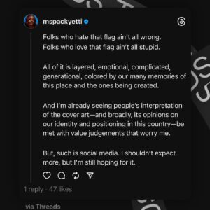 Brittany Packnett Instagram - so listen… I’m truly not interested in arguing with folks about this. I *am* interested in conversations about Black American identity. 

For *me,* I saw reclamation immediately.

I saw Langton Hughes’ “I, Too, Sing America.” Marian Anderson at the Lincoln Memorial. Memorial Day actually being founded in part by freed Black people. 
I saw my ancestors, James and Ebenezer, joining the US Colored Troops in the civil war, fighting and dying not just for their freedom but to free the soul of a nation* from the tyranny of oppression—a fight we continue to this day. And I think often about if I’ve allowed white supremacy to diminish what that flag may or may not have meant to them.

A Black American’s relationship with the USA is individual and complicated—and I ask, to whom does the shame belong? 

I think, in her very unusual turn of giving us paragraphs for a caption where she normally gives us air (lol), this is what she was expressing regarding *her* intentions. That’s what I read, anyway.

AND. (Not but!) 

I know that it was actually triggering for others, and that is more than justified.

Especially in the context of what this government has done & is doing across the world in our names.  Palestine is but one example. The current unrest in multiple Black countries can absolutely be traced back to American (and euro) colonialism and industry, to say nothing of Indigenous sovereignty right here on Turtle Island.

I read this as a Black church girl from heartland America. And a Black girl who grew up right next to me might have seen something totally different. 

Which leads me to my hope, as stated in the threads shared above. Black American identity is COMPLEX and filled with enough to reflect on for a lifetime. 

But it is rare, at least in my view, to see Black Americans get the space to grapple with this in ways that aren’t either judged harshly or co-opted by xenophobes with Tr*mp ties. 

And if you, like me, are a Black American, descended of enslaved Africans, watching this conversation and wondering where you land: it’s ok to take this as an invitation to feel and journey without judgment. 

We deserve that. 

Love y’all, fam.