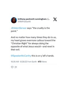 Brittany Packnett Instagram - @speakermccarthy I hope you know we can see you. AND @repmattgaetz of FL. AND @mattformontana OF MT. AND @reptimburchett of TN. AND @realannapaulina of FL. AND @rep.elicrane of AZ. AND @repandyogles of TN. AND @andybiggsaz of AZ. AND @repdanbishop of NC. AND @repwph of TX. AND @repcorymills of FL. And more than that: the God in whom you claim to believe can see you, too. So can the women and children on WIC, families w section 8, farmers, the people of the military, air traffic controllers and the federal workers who have to lose their paychecks while you keep yours. And we won’t forget come election time. (One correction: while inflation is higher now than 7 years of the last 10, it’s not the highest in the last decade. Added the source and tagged who shared it on the original thread on Twitter!)