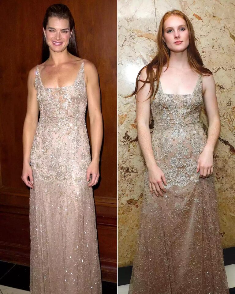 Brooke Shields Instagram - Two of my most favorite recent moments… each 22 years apart ❤️ This week Grier wore my @badgleymischka dress from 2001 to my @cafecarlyle premiere!! And #tbt to Rowan wearing my golden globes dress to prom. How cool is this?! 👯‍♀️