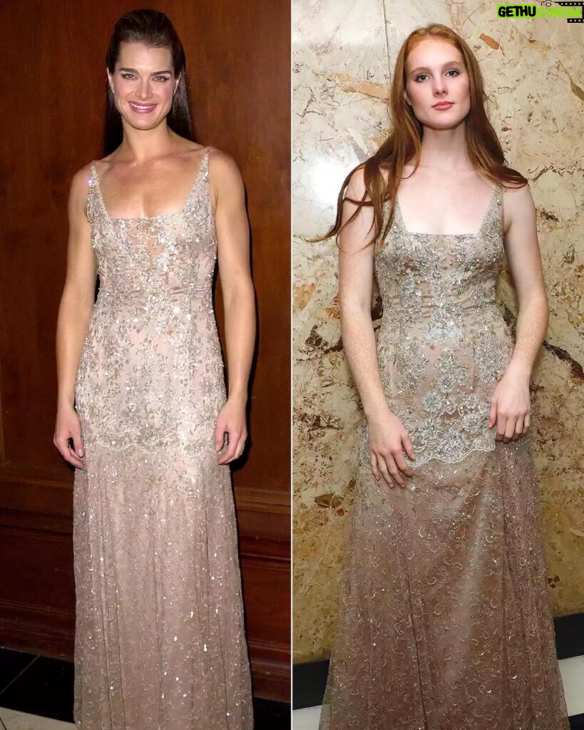 Brooke Shields Instagram - Two of my most favorite recent moments… each 22 years apart ❤ This week Grier wore my @badgleymischka dress from 2001 to my @cafecarlyle premiere!! And #tbt to Rowan wearing my golden globes dress to prom. How cool is this?! 👯‍♀