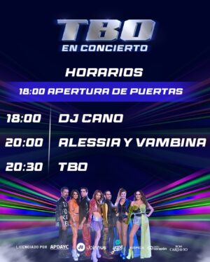 Érika Villalobos Instagram - 🎉 ¡El gran día ha llegado! No te puedes perder el concierto  hoy en el Anfiteatro del Parque de la Exposición porque habrán muchas sorpresas y emociones.

⏰ Horarios:

18:00 Apertura de Puertas
18:00 DJ Cano
20:00 Alessia y Vambina
20:30 TBO

📍 Acceso: ¡Ingresa desde la avenida 28 de julio por la Puerta 1 del parque! 

🅿️ Estacionamiento con capacidad limitada por la puerta 1. ¡Llega con tiempo!

🍔🥤 Comida y Bebida: ¡No te preocupes por eso! Dentro del recinto tendrás acceso a deliciosos alimentos y refrescos.

🎟️ Entradas: Aún quedan algunas disponibles en @yapeoficial y @joinnus por el link de la bio , ¡habrá también boletería física en la puerta! No compres a revendedores.

🎊 ¡Prepárate para una noche inolvidable! ¡Nos espera una gran fiesta! 🎶✨
#tbo25años #modotorbellino 
@marcozunino_of @danielasarfati @gabocalvom @funkybroster @barbaracayo @fcayo @villaloboserika ❤️🔥🌪️ @djcano__  @alessiayvambina 
@radiocorazonperu @ron.cartavio
