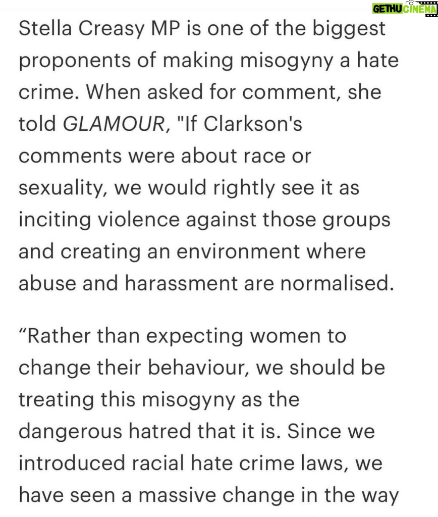Caitríona Balfe Instagram - What some people may think are flippant remarks or try to pass off as comedy can actually have grave consequences… @stellacreasy put it so succinctly here. There should be no place for this kind of misogyny….. maybe people like @jeremyclarkson1 should ask themselves why this young woman who made decisions for the health and safety of her family triggers him so much. It’s shameful @thesun published his violent racist misogynistic language.