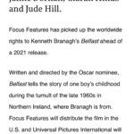 Caitríona Balfe Instagram – So excited that our film Belfast has found a home @focusfeatures … So proud of this film and can’t wait to share it with you all. #Belfastfilm #kennethbranagh @jamiedornan #JudiDench #CiaranHinds #JudeHill @laraghmccann #LewisMcAskie @wakana_yoshihara ❤️❤️❤️