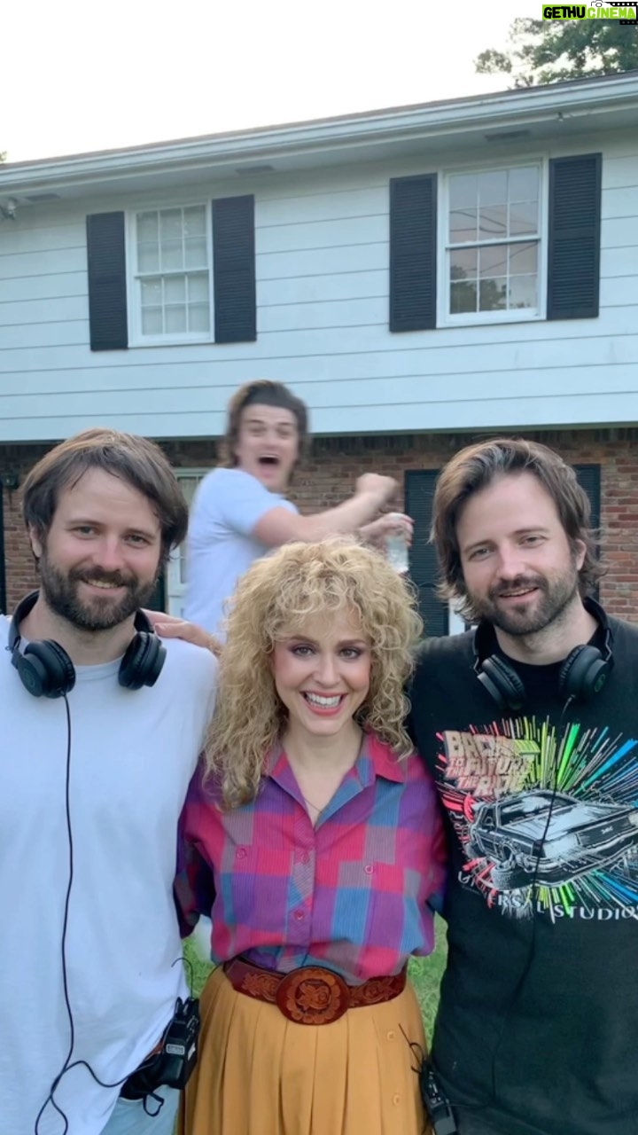 Cara Buono Instagram - #tbt to getting photobombed by Joe and Millie #strangerthings #joekeery #milliebobbybrown #setlife #instagood #photooftheday #photobomb #ilovemyjob #karenwheeler #80s #80shair #perm