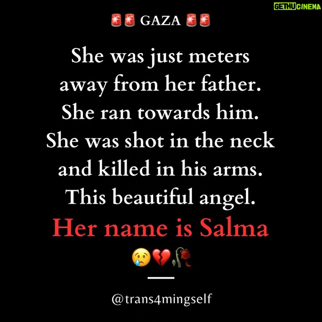 Carice van Houten Instagram - Salma, the beautiful and beloved daughter of photojournalist Hussein Jaber was sh0t and kill٤d by an Isra٤li snip٤r. “She is my middle child, intelligent, mischievous, affectionate and forever beloved”. Hussein was later wound٤d by the same snip٤r and he is still receiving treatment. Never forget her name….. Salma Jaber World, can you feel his pain?? 💔🥀 . . . Follow @trans4mingself and collaborators - amplifying the voice of the oppr٤ss٤d 🔈🍉🕊️ . . 🎥 Hussein and Salma’s story shared by @filastinyat @eye.on.palestine