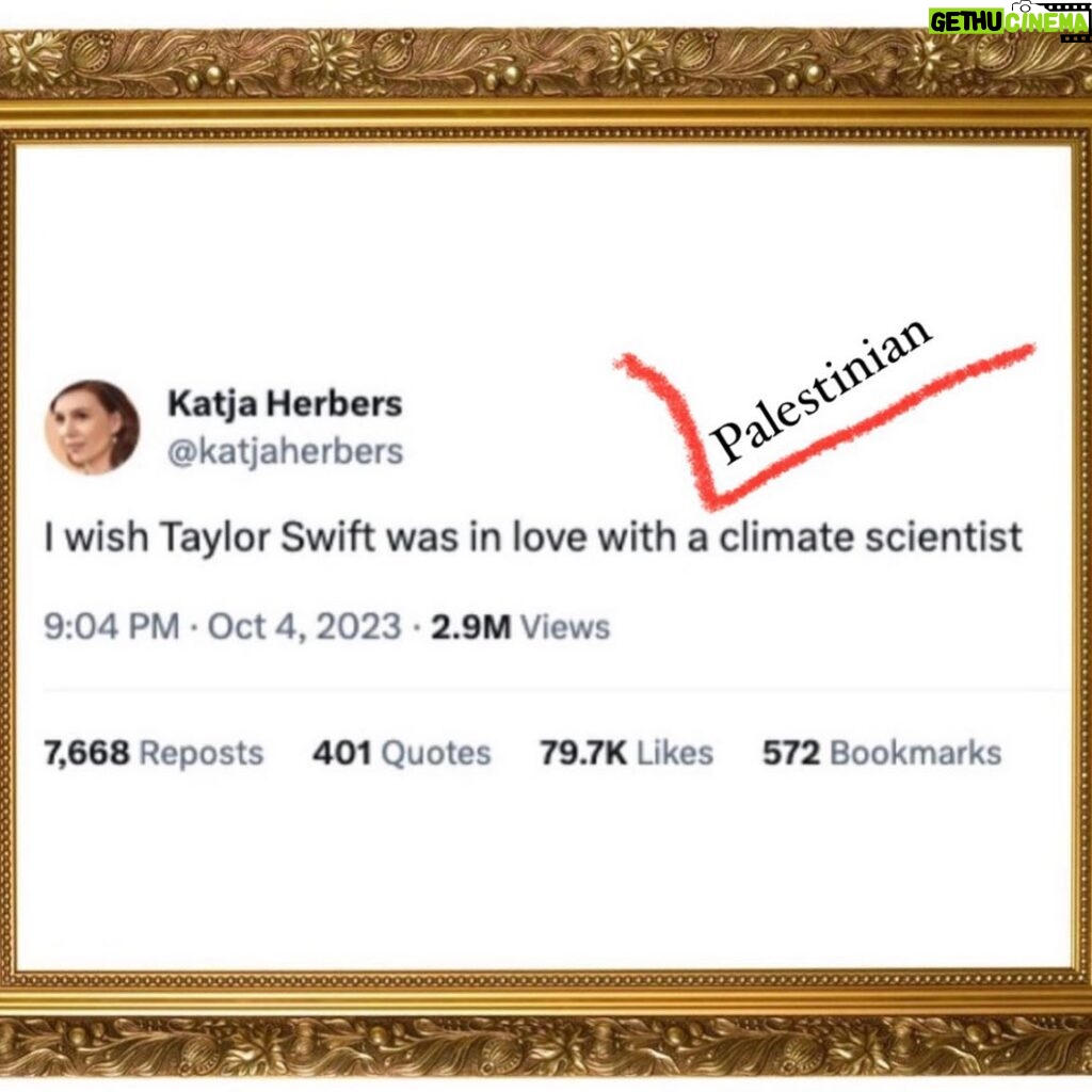 Carice van Houten Instagram - Inspired by @katjaherbers brilliant tweet #taylorswift #ceasefirenow #climatecrisis