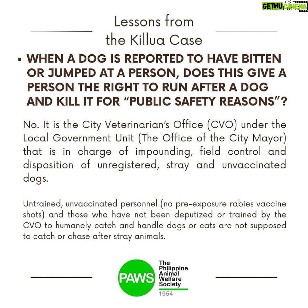 Carla Abellana Instagram - For those who want to argue, please read. Again, please read. Thank you. 🙏🏻 Reposted from @pawsphilippines We are posting answers to commonly asked questions related to the Killua dog-killing case and some lessons worth repeating to emphasize the importance of both responsible pet ownership and a humane animal control system. As we seek #JUSTICEFORKILLUA, let us also be vigilant in the campaign for humane forms of animal control and responsible pet ownership. ****** UPDATE ON #JUSTICEFORKILLUA Last Monday, PAWS and Killua’s fur-mom Vina filed a case against Anthony Solares who was caught on CCTV chasing after the dog and then beating Killua to death. The preliminary investigation is now being handled by the Office of the Provincial Prosecutor of Camarines Sur. Over the next few weeks, we are expecting a Resolution from the above mentioned office and we are also expecting that a subpoena will be issued for Solares We are grateful to volunteer lawyers from CamSur, Atty. Alyssa Mary John P. Abanes and Atty. Aldrin Carlos Niño A. Mereria, for their legal assistance. We also acknowledge and commend the bravery of the witnesses who have come forward, as well as the invaluable support rendered by the Bato Municipal Police Station.