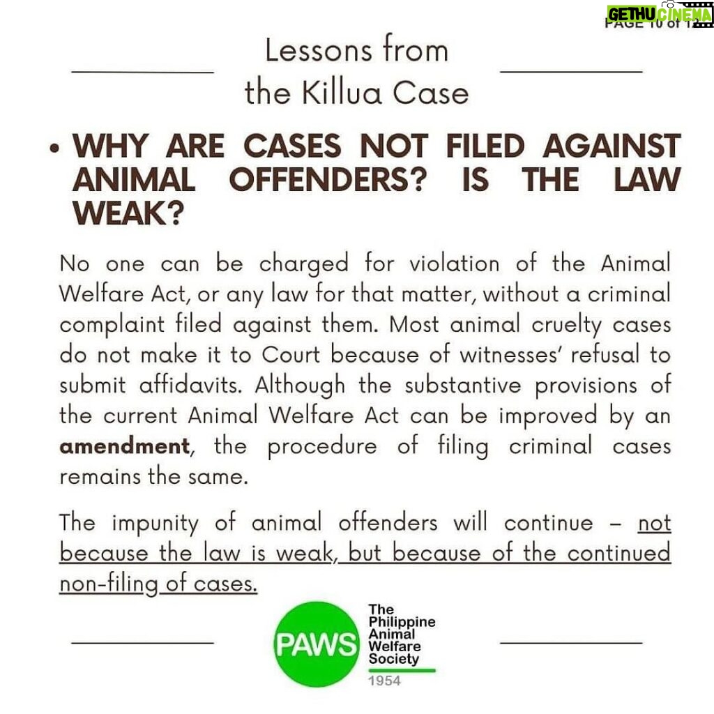 Carla Abellana Instagram - Part 2 Reposted from @pawsphilippines Here is the second part of PAWS’ answers to commonly asked questions related to the Killua dog-killing case. Included in them are some lessons worth repeating to emphasize the importance of both responsible pet ownership and a humane animal control system. The case has shone the spotlight on the fact that the reason for non-prosecution of animal offenders is not because the law is weak, but because of the refusal of many witnesses to file cases. In Bato, Camarines Sur, long before the Killua case, stray dog capture and killing by tanods and bystanders was rampant. The dogs end up in a known “ slaughterhouse” in the area. It is hoped that Killua’s case will put an end to many acts of animal cruelty in the area. With your help in this fight, we can protect animals and humans. #justiceforKillua #endanimalcruelty #animalwelfare #pawsphilippines