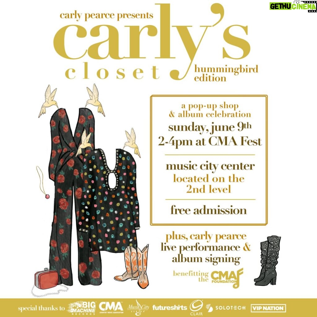 Carly Pearce Instagram - Y’all! I am so excited to announce Carly’s Closet is back for the 3rd year in a row at #CMAfest! Join me Sunday, June 9th in Music City Center and shop some of my favorite pieces from my wardrobe, with all proceeds benefitting the @cmafoundation 💛 PLUS, I’ll be doing a special acoustic performance & album signing to celebrate the release of my new album ‘hummingbird’. Admission is free & open to all! Fan club members can enter to receive designated first access, so sign up now at carlypearce.com