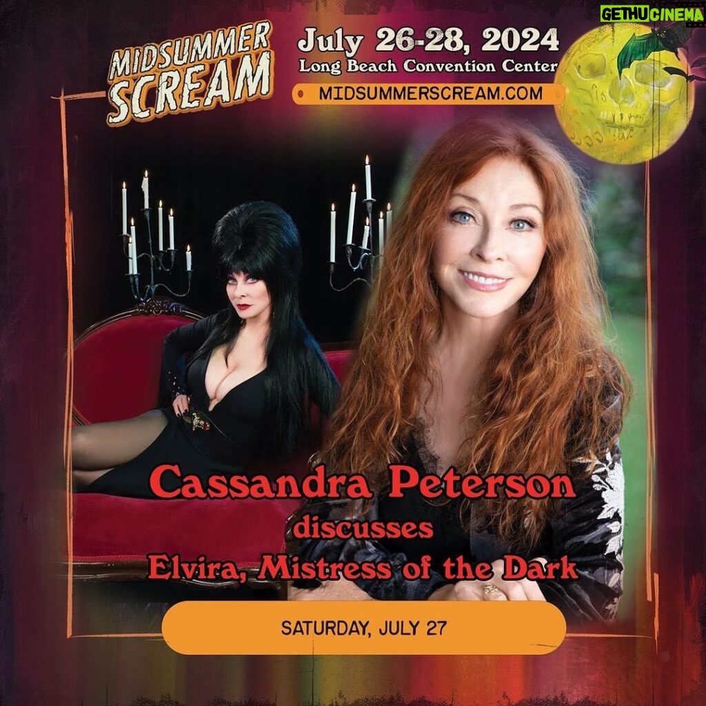 Cassandra Peterson Instagram - Via @midsummerscream - “PRESENTATION ANNOUNCEMENT: Saturday, July 27 at Midsummer Scream, a live discussion with Cassandra Peterson and her upcoming plans for Elvira, Mistress of the Dark!” Cassandra Peterson will also be with us Friday & Saturday signing autographs and taking photos with fans! (Pro-photo op info coming soon!)” Passes for Midsummer Scream, July 26-28 at the Long Beach Convention Center, are available now at midsummerscream.com