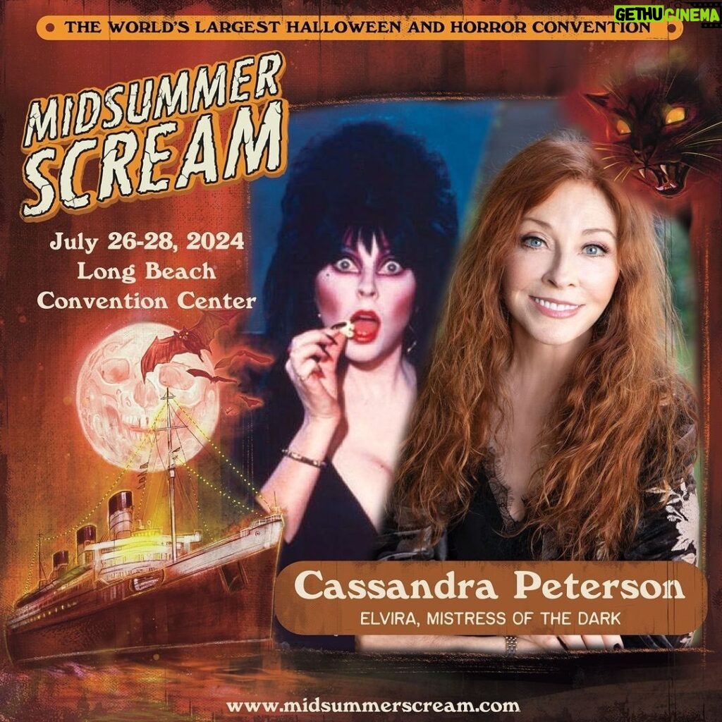 Cassandra Peterson Instagram - Via @midsummerscream - “PRESENTATION ANNOUNCEMENT: Saturday, July 27 at Midsummer Scream, a live discussion with Cassandra Peterson and her upcoming plans for Elvira, Mistress of the Dark!” Cassandra Peterson will also be with us Friday & Saturday signing autographs and taking photos with fans! (Pro-photo op info coming soon!)” Passes for Midsummer Scream, July 26-28 at the Long Beach Convention Center, are available now at midsummerscream.com
