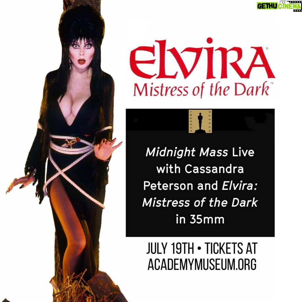 Cassandra Peterson Instagram - Coming July 19th to the @academymuseum David Geffen Theatre! I’ll be joining @thepeacheschrist and @michaelvarrati for a LIVE MIDNIGHT MASS podcast event. The presentation will be followed by a screening of my feature film, ELVIRA, MISTRESS OF THE DARK! Tickets are on sale now at ACADEMYMUSEUM.ORG #elvira #elviramistressofthedark #cassandrapeterson #academymuseum #midnightmass #midnightmasspodcast #peacheschrist #michaelvarrati #cultmovie #theacademy #theacademymuseumofmotionpictures