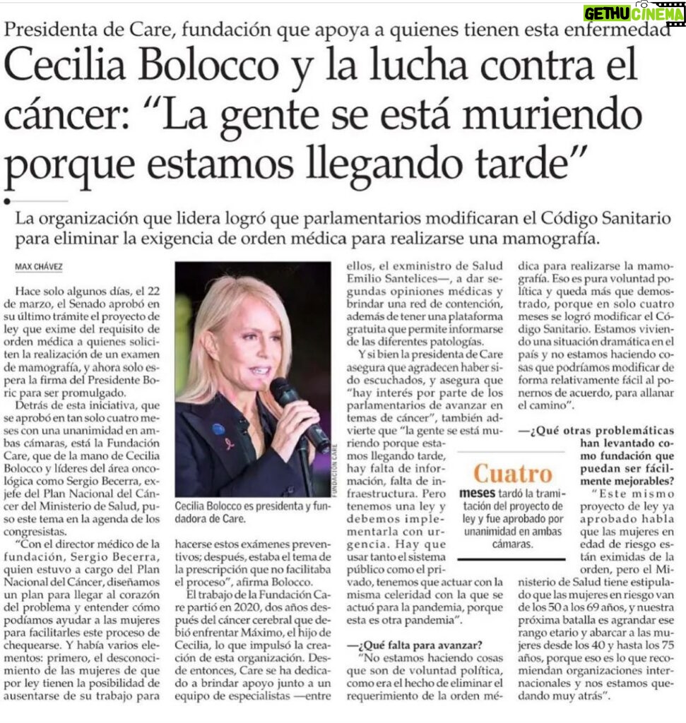 Cecilia Bolocco Instagram - Hoy “El Mercurio” resalta nuestro logro en @fundacioncare ,en el ámbito políticas públicas, al haber conseguido que se transforme en ley la petición que hiciera ante el Congreso el pasado 25 de Octubre para eximir de una orden médica a las mujeres para realizarse una mamografía preventiva.💪🎀🙏❤️ El proyecto de ley fue aprobado por unanimidad en ambas cámaras y en tiempo record!!! Cuando hay voluntad política y se trabaja en conjunto, Chile avanza! 💪🙏🙌 Aún queda tanto por hacer, pero al menos ya hemos logrado avanzar un paso! Súmate a nuestra causa!!! #juntosdetendremoselcancer #nomascancerdemama #juntoscontraelcancer #acabemosconelcancerdemama #protonterapia #cancer