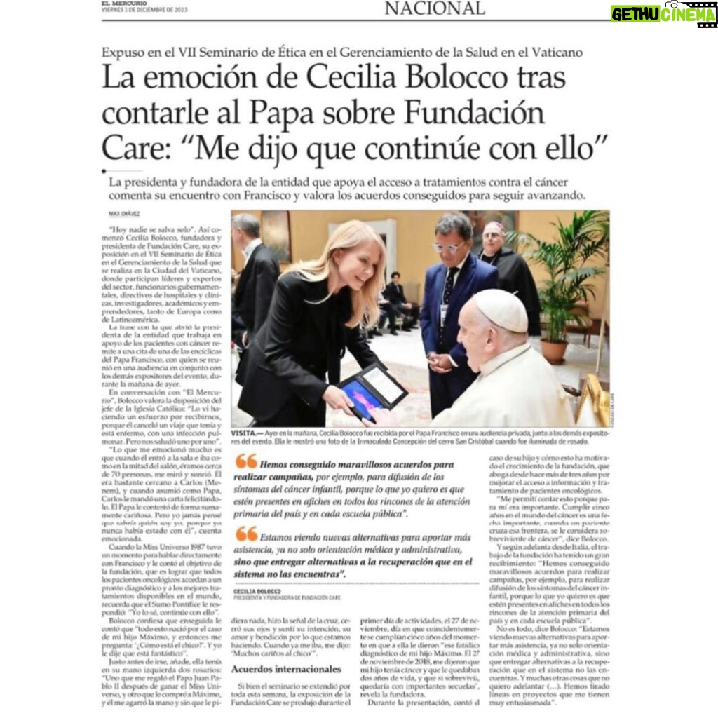 Cecilia Bolocco Instagram - #ACCIONESCARE | ¡Nuestra presidenta se reunió con el Papa Francisco! Hoy en la entrevista que dio a El Mercurio, profundizó sobre el encuentro que sostuvo junto al Papa, en el marco del VII Seminario de Ética en el Gerenciamiento de la Salud en El Vaticano. Nuestra presidenta @ceciliabolocco tuvo un momento para hablar directamente con él, y fue ahí cuando le contó nuestro objetivo, lograr que todos los pacientes oncológicos accedan a un pronto diagnóstico y a los mejores tratamientos disponibles en el mundo. En ese momento, el Sumo Pontífice le respondió: "Yo lo sé, continúe con ello". 👀 Lee la entrevista completa de El Mercurio y revive los grandes momentos en nuestra web (link en la bio) 👆