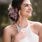 Chaithania Prakash Instagram - 🕊🤍 Airbrush makeup done with Christian gown for @briella.in Amazing gown : @briella.in Bouquet : @briellaflorals Photography : @sharon.shyam @storiesbysharonshyam Makeup & hairstyle : @soumyashyam_makeupartist Location : Whispering water resort Reels : @jeeva_balakrishnan @sumin_s_kumar Thanks : @shinil__vinod