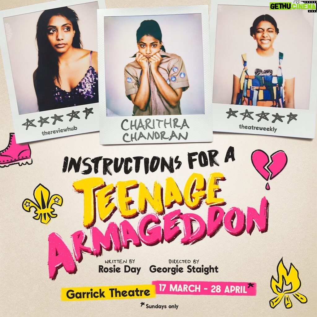 Charithra Chandran Instagram - Instructions for a Teenage Armageddon, written by @rosiejaneday and directed by Georgie Staight, is transferring to @nimaxtheatres’ Garrick Theatre from 17th March starring @bridgertonnetflix’s @charithra17 🎭 Tickets go on general sale tomorrow (Fri 19th Jan) at noon 💖