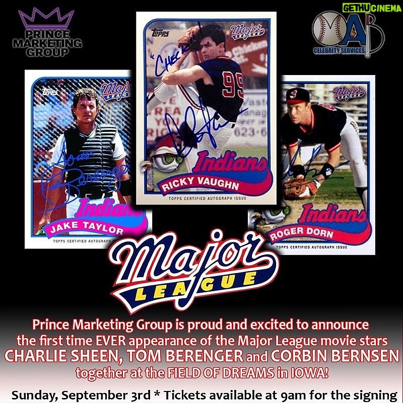 Charlie Sheen Instagram - Epic Major League reunion almost 30 years in the making is here. Join me, @princemarketinggroup and @MABcelebrity Services tomorrow at the Field of Dreams in Iowa. ⚾️⚾️⚾️