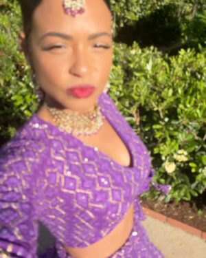 Christina Milian Instagram - Splashes of color & love in Côte d’Azur 💒💜✨ 
When the wedding invitation says ‘Colorful, Elegant Indian Attire’ you dress the part & even better we experienced the culture! Such a beautiful parade down the isle with the groom. #WeUnderstoodTheAssignment 🥳 
Congrats Again to the Kamani’s! Had a blast.

Outfit: @indianfashionsparis