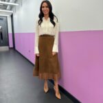Christine Lampard Instagram – Back with my @loosewomen today, @1judilove @frankiebridge and @lindarobson58 💖 shirt and skirt from @me_andem @mothershoppers 🥰