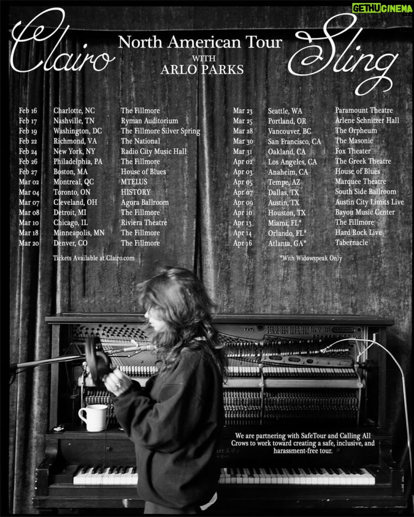 Clairo Instagram - North American Tour 🎠 I feel so lucky to bring @arlo.parks and @widowspeaking along for this tour … 🫂 We’re also partnering with Safe Tour and @callingallcrows on this tour. every show will have a person/resource to go to if there’s harassment in the crowd. no bullshit ! Presale starts today. Tickets on sale Friday 10am local 🐾