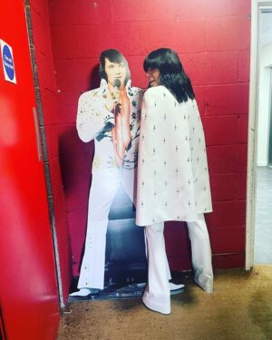 Claudia Winkleman Instagram - Every year on Strictly we have an inspiration. Past years we’ve had Pam St Clements, Harry Hill, Rod Stewart and Anita Dobson. This year it’s the king. So yes, we end in a cape. All love and thanks to @sineadmckeefry @amyhair4 @lucyg_makeup and @debbiedannell