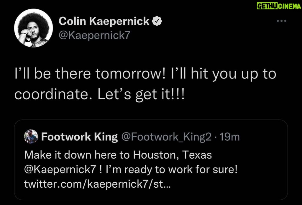Colin Kaepernick Instagram - Working out tomorrow in Houston with @footwork_king and his guys! We’ll be streaming from the field. Let’s get it!!!