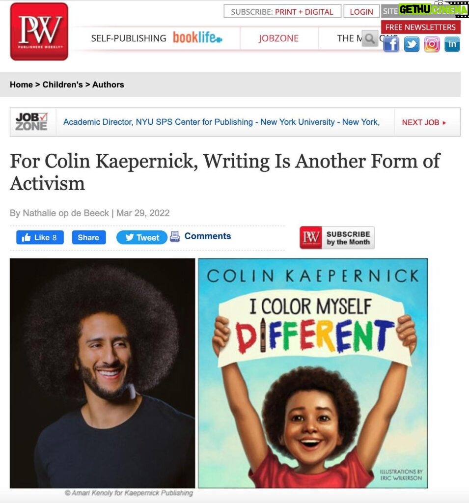 Colin Kaepernick Instagram - Check out my recent interview with @PublishersWkly on my upcoming children's picture book, #IColorMyselfDifferent, hitting shelves on 4/5. https://www.publishersweekly.com/pw/by-topic/childrens/childrens-authors/article/88896-q-a-with-colin-kaepernick.html Pre-orders available at KaepernickPublishing.com.