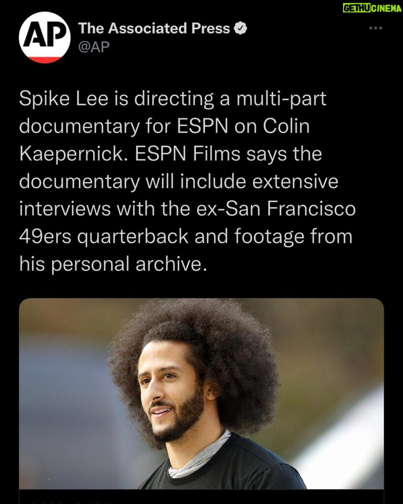 Colin Kaepernick Instagram - I’m grateful to be able to work with the legend Spike Lee on my docu-series. Thank you Jemele for being a part of our incredible team. It’s time for the narrative to be corrected.