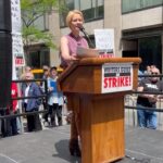 Cynthia Nixon Instagram - Today at @WGAEast’s #RallyAtTheRock to support my writer colleagues who are fighting for a fair and honest contract. As the sign behind the podium said, it’s time to do the WRITE thing! 📝 Swipe to the end for my tribute to some of the greatest (and most apropos) lines of all time! #WGAStrong