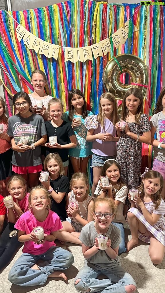 Danielle Busby Instagram - Happy Birt-Day celebration to my 9year old girlies! We laughed so hard when the balloons for the yard were missing the “h” in birthday….but we rolled with it because it was funny!! 😆🤣 It was a fun night celebrating the quintuplets with their best friends, with our Candle Making party…. Talk about a cute idea!! Girls got to pick what scent they wanted (could mix if you wanted), picking all the embellishments and also decorate their own label for the candle. It really was just a lot of fun! 🕯️ Thank you to @thechandlerycandlebar for coming over to the house to set up a party for us 💖 Cheers to my miracle babies! I love each of you so BIG! You all bring such joy to my life and I’m so thankful I get to be your mommy. Hope this year is epic for each of you! Love you mostest big! XO #happybirthday #quintuplets #outdaughtered #candlemaking
