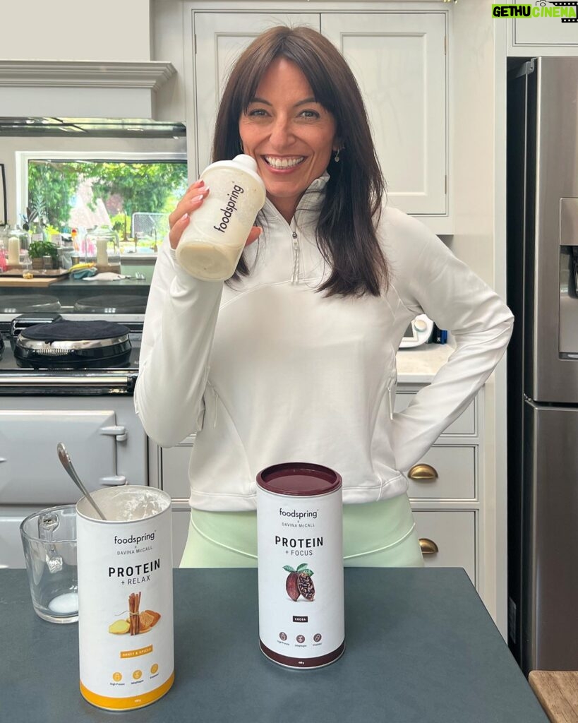 Davina McCall Instagram - #ad Since I’ve hit mid-life I often find it hard to get enough protein through my diet .. we all know it’s important for our muscles (which r hard to maintain as I get older), and many other of our bodies functions, our energy levels and overall well-being, so on the days I don’t feel I’ve had enough in my diet, I top up .. So I’ve been working with @foodspring_uk on developing two shakes to do just that !! Protein Focus and Protein Relax .. Both are high in protein, with added essential vitamins and minerals ( B12, vitamin C, etc ) and each shake has an added adaptogen , (a bit of a buzz word at the mo) we’re using ginseng and ashwagandha .. The Protein Focus is cocoa flavoured and uses ginseng .. I ❤️ this for a bit of a pep in my step to set me up for the day .. But my absolute favourite is Protein Relax omg !!!!… it tastes amazing . I take it with hot milk . U know in the evening when u want a little treat after dinner , this is it !! .. its honey-infused with ashwagandha ( used in traditional medicine for thousands of years to help relaxation !! ) .. it’s like a cuddle and releases protein through the night.. They are available now at foodspring.co.uk or in @superdrug stores .. Wd ❤️ to hear ur feedback if u try !! x #DavinaXfoodspring
