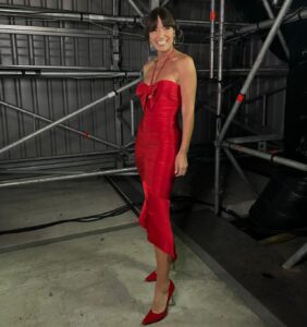 Davina McCall Instagram - That’s it for this week !!! What a total LEDGE that was … no spoilers ! I usually get on x during @maskedsingeruk so we can watch and gossip together next week x thanks to glam gang for this week hair by @mdlondon 🩷 make up @cherylphelpsgardiner and styling @abigailrosewhite dress @alexandrevauthier , shoes @ginashoesofficial , jewellery @mariablackjewellery