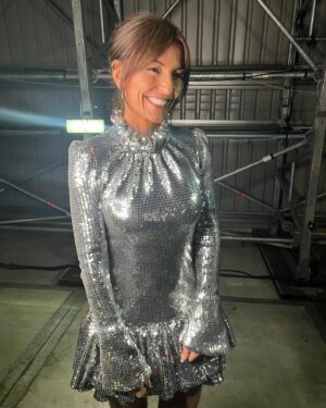 Davina McCall Instagram - Tonight’s @maskedsingeruk was one of my faves ever … I got a big shock !!! A very big shock !!! 😂😂😂🤪 My dress is @rabanne , shoes @terrydehavilland ( omg love love love) and earrings @thediamondstoreuk 🩷 hair @mdlondon 💝😻😍 m up @cherylphelpsgardiner and styling @abigailrosewhite … thanks gang