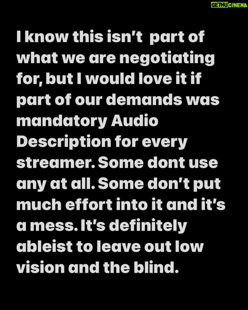 Deborah Ann Woll Instagram - My husband @ejscott1106 is going blind and relies more and more on Audio Description (AD) when at home watching tv and movies or going to movie theaters. He posted this the other day and I wanted to share. ❤️❤️ I know this isn’t part of what we are negotiating for, but I would love it if part of our demands was mandatory Audio Description for every streamer. Some dont use any at all. Some don’t put much effort into it and it’s a mess. It’s definitely ableist to leave out low vision and the blind.