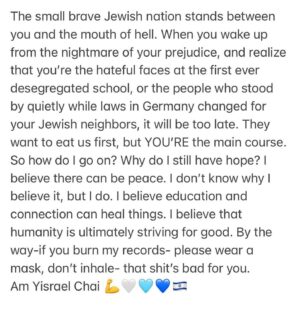 Debra Messing Instagram - #Repost @reginaspektor
・・・
Filled with thoughts, filled with feelings, crying daily, pushing myself to see what’s out there, praying for the hostages to be returned, praying for civilians to stay alive, staying strong yet not bitter, loving more and more and more. That’s where I’m at 🤍🩵💙💪🇮🇱. Am Yisrael Chai 🙌