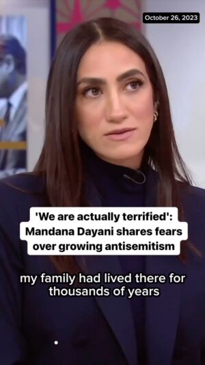 Debra Messing Instagram - Repost @mandanadayani 
“When you say words like, genocide, apartheid, colonization, all incorrectly and inaccurately, they have real-life consequences for people...I can’t explain to you the fear of jews around the world right now. The rate of anti-Semitism climbing has very real consequences for people who’ve inherited thousands of years of generational trauma.”

@iamavoter co-founder @mandanadayani shares her
fears over growing #antisemitism the 
#IsraelHamas war.